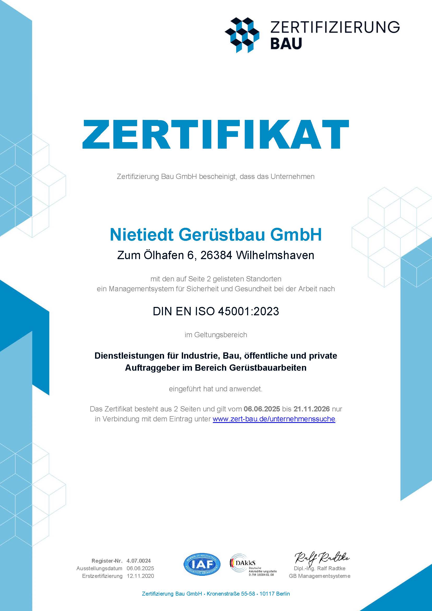 GB-45001-2023 Zertifikat Zertifizierung Bau deutsch gültig bis 23.11.2026