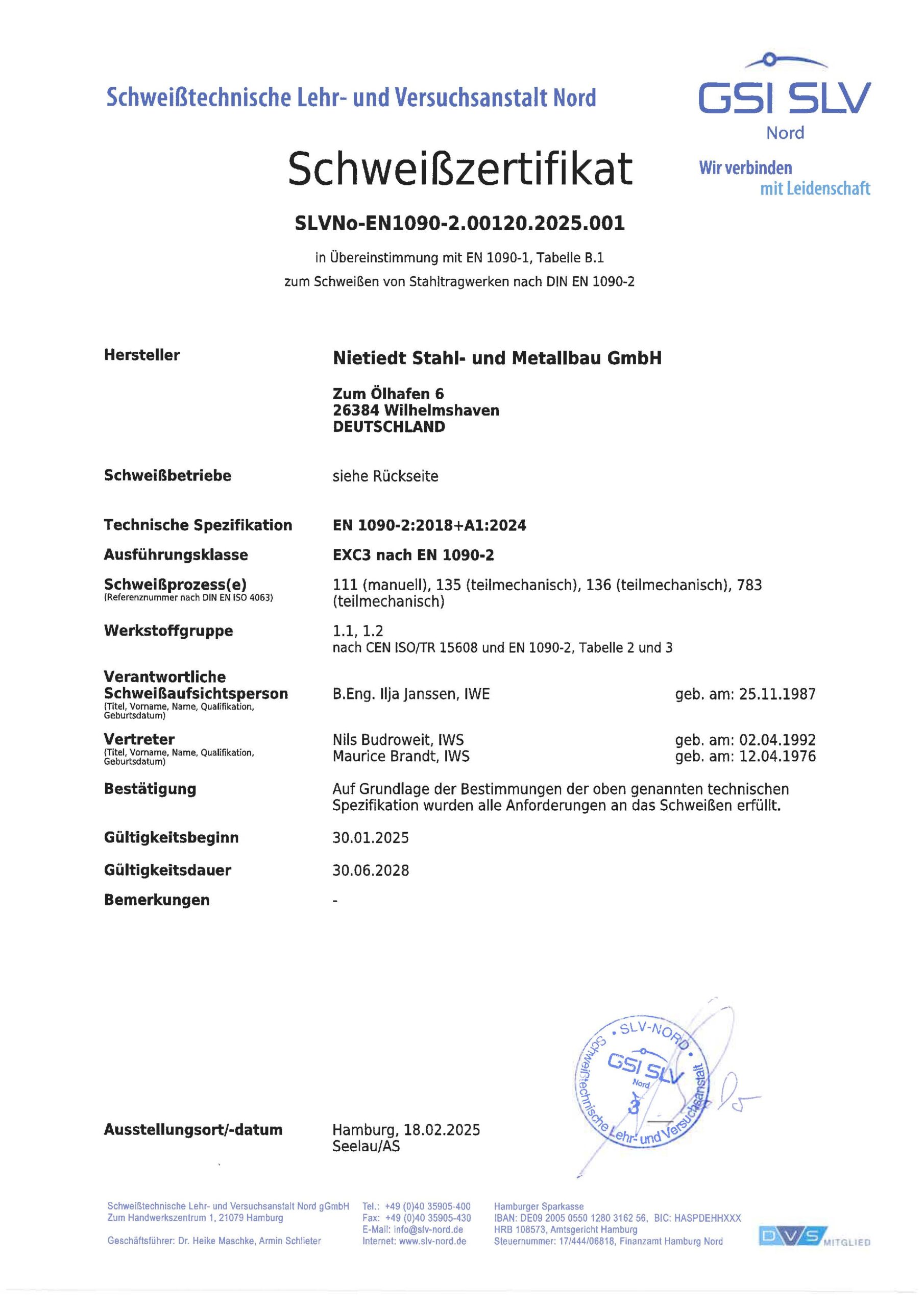 Zertifikat DIN EN ISO 1090-2 Stahlbau Schweißen (DE) gültig bis 30.06.2028_Seite_1