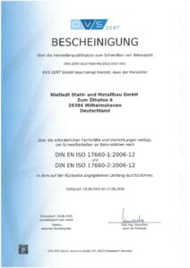 Zertifikat DIN EN ISO 17660-1 Betonstahl schweißen (deutsch) gültig bis 17.08.2028