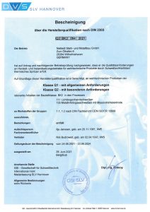 Bescheinigung über die Herstellerqualifikation nach DIN 2303