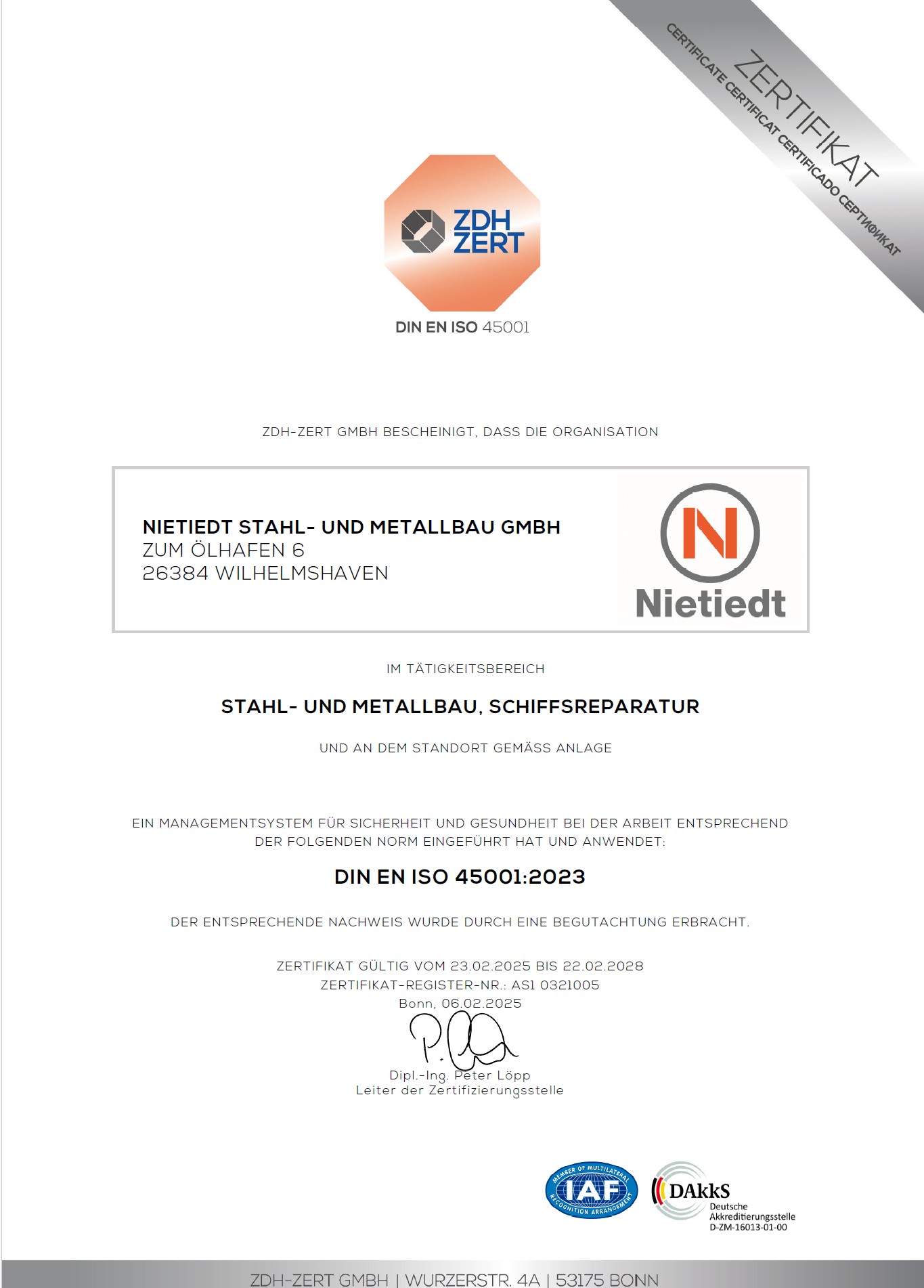 SMB-45001-2023 Zertifikat ZDH (deutsch) gültig bis 22.02.2028