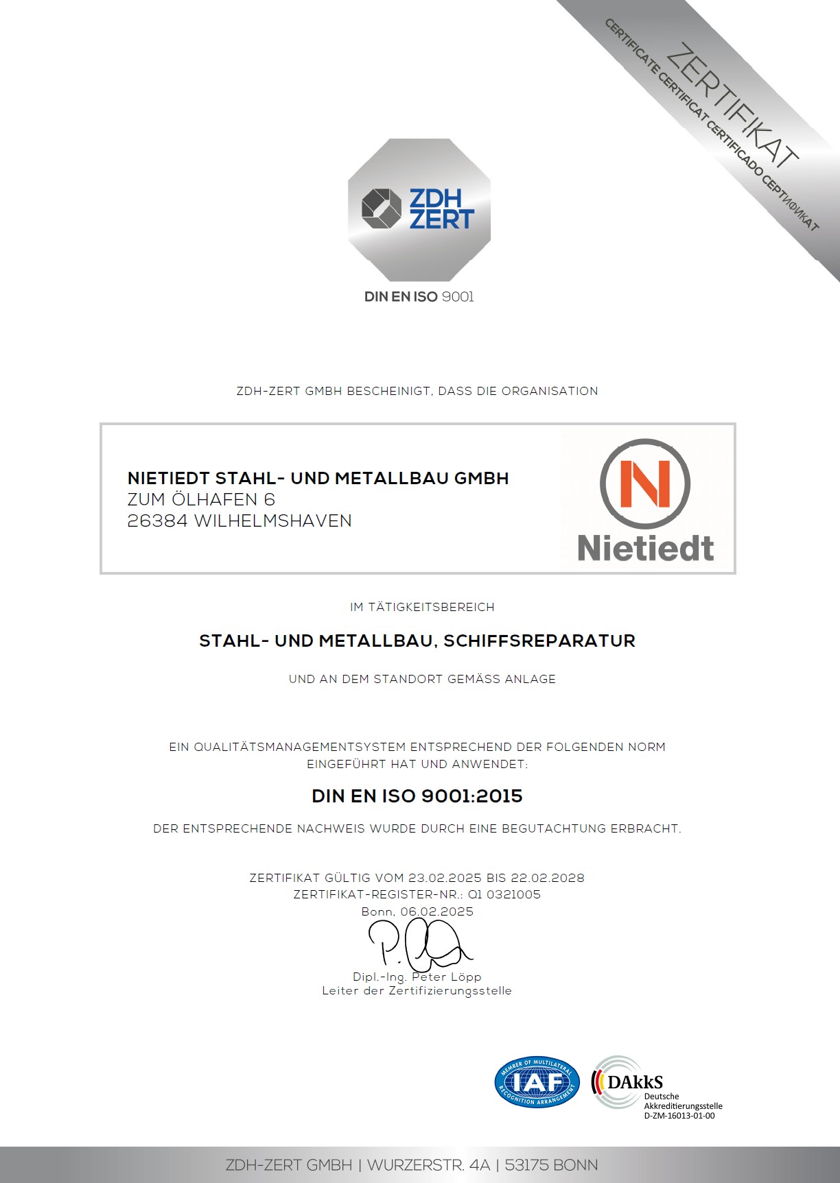 SMB-9001-2015 Zertifikat ZDH (deutsch) gültig bis 22.02.2028