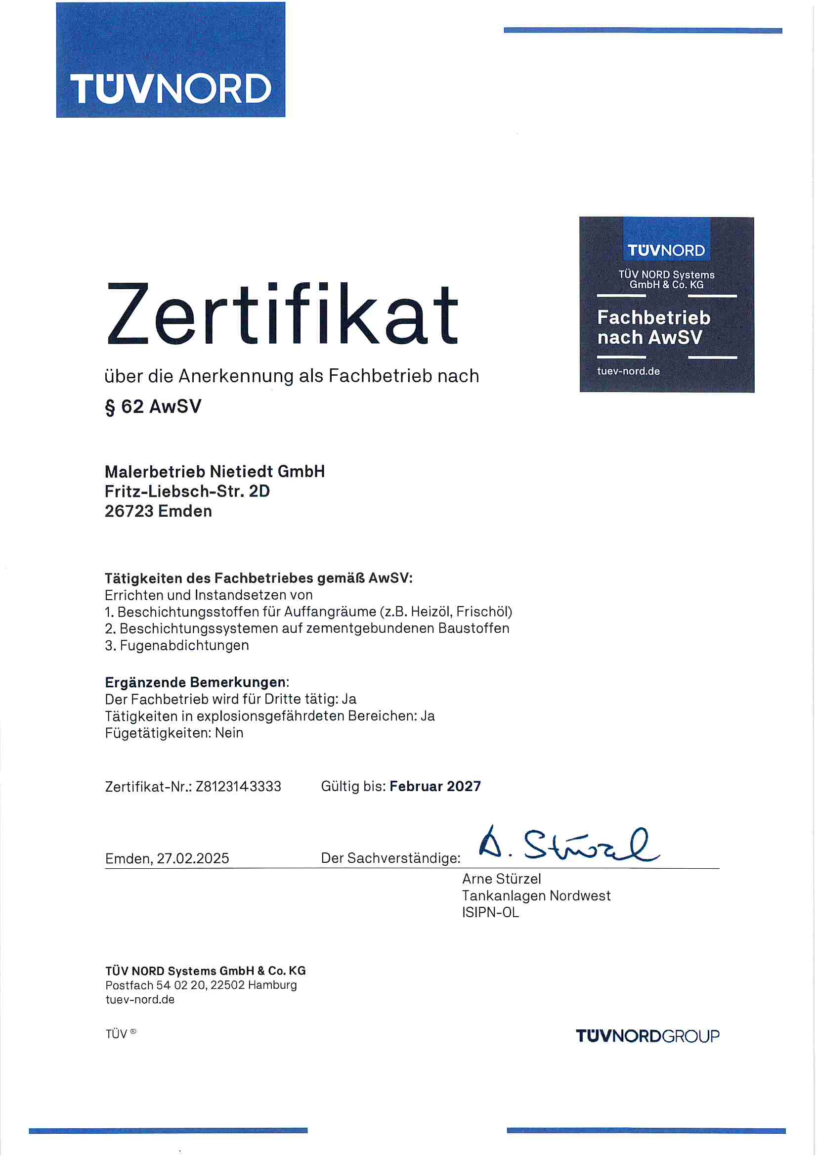WHG-Zertifikat Fachbetrieb NL-Emden gültig bis 02.2027