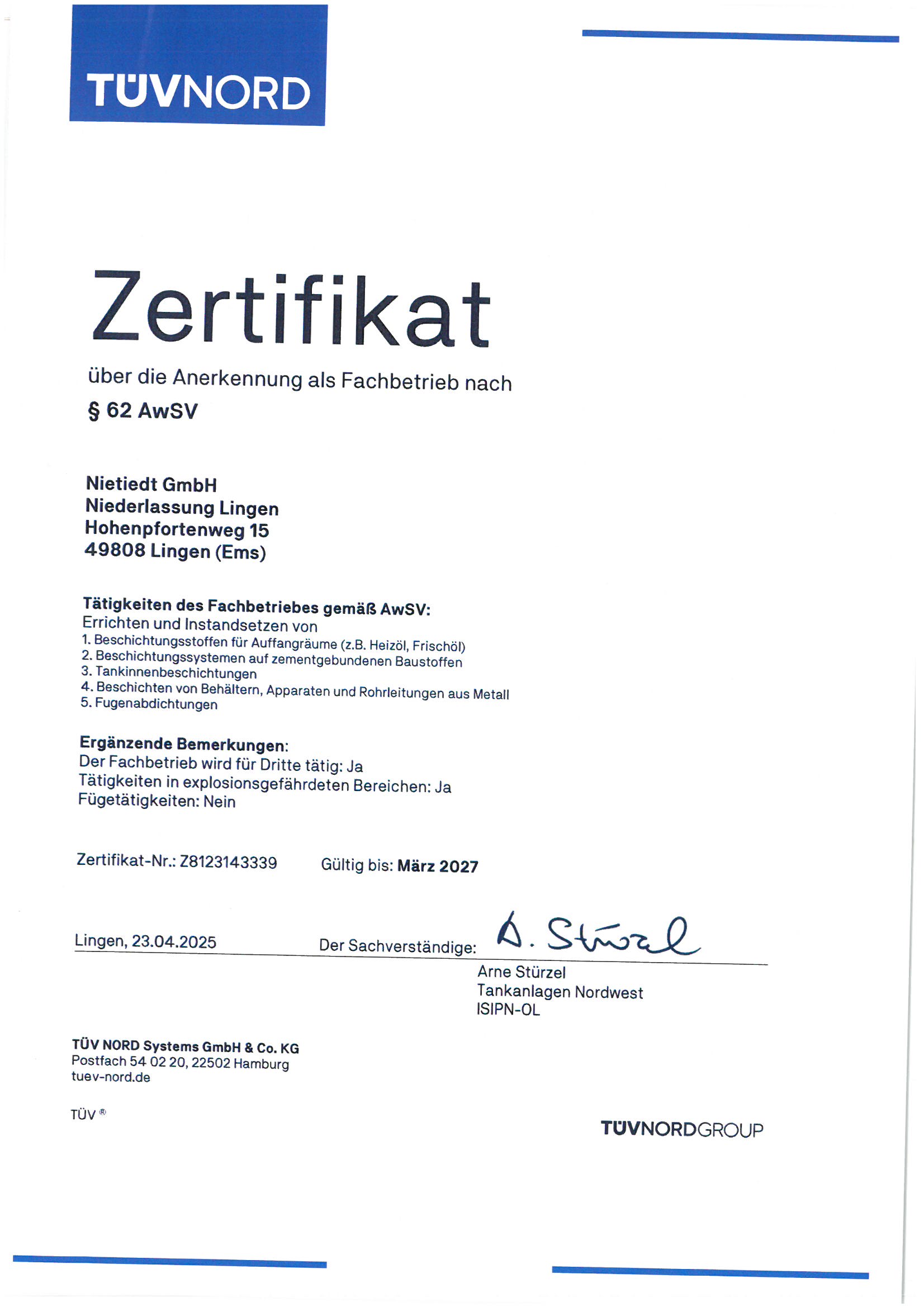 WHG-Zertifikat Fachbetrieb NL-Lingen gültig bis 03.2027
