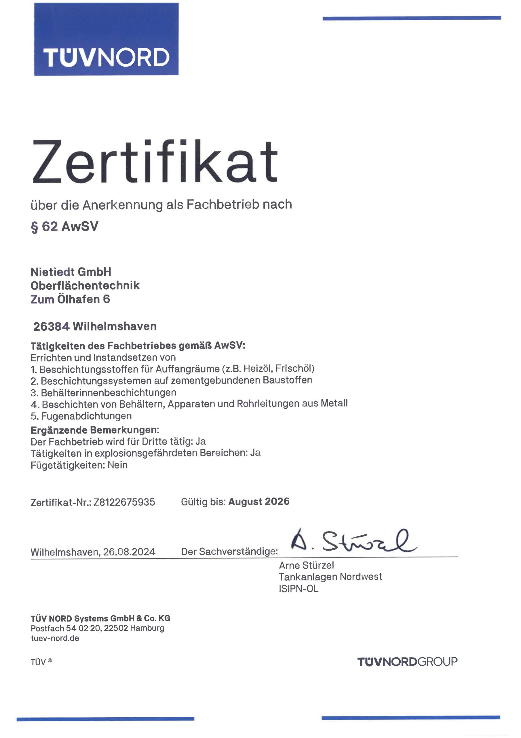 WHG-Zertifikat Fachbetrieb NL-Wilhelmshaven gültig bis 08.2026