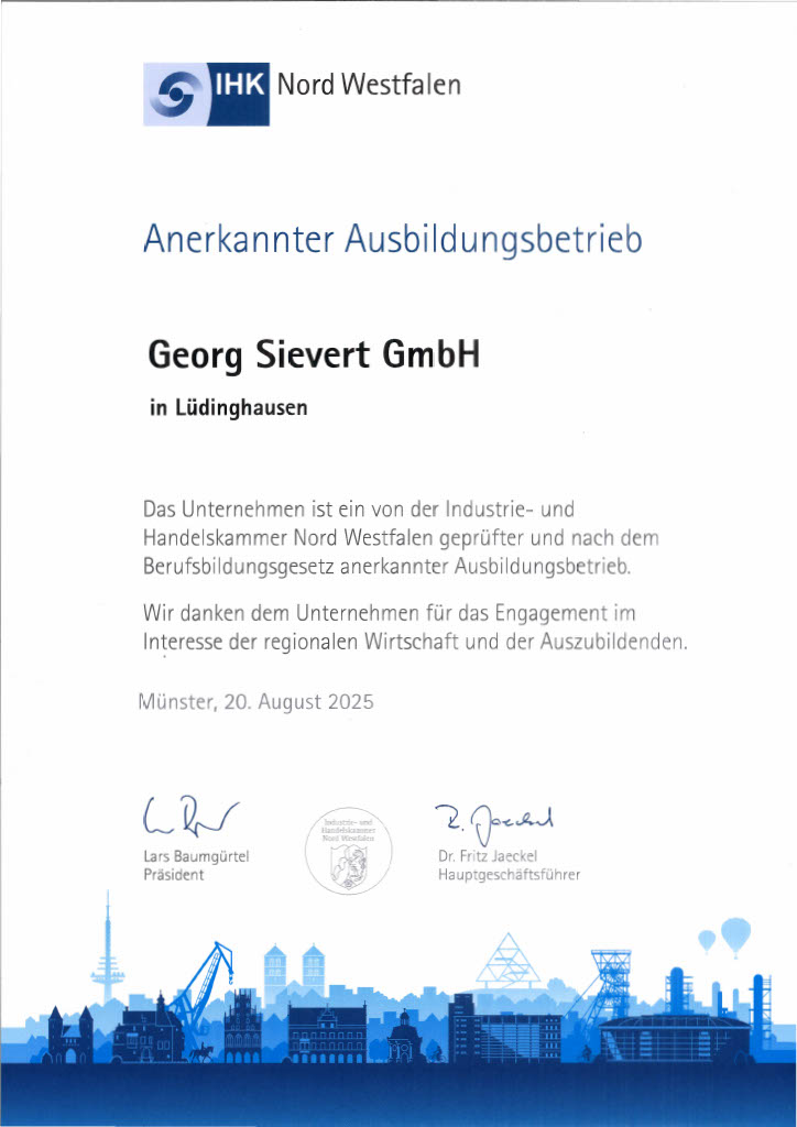 Georg Sievert GmbH, anerkannter Ausbildungsbetrieb ab 2025