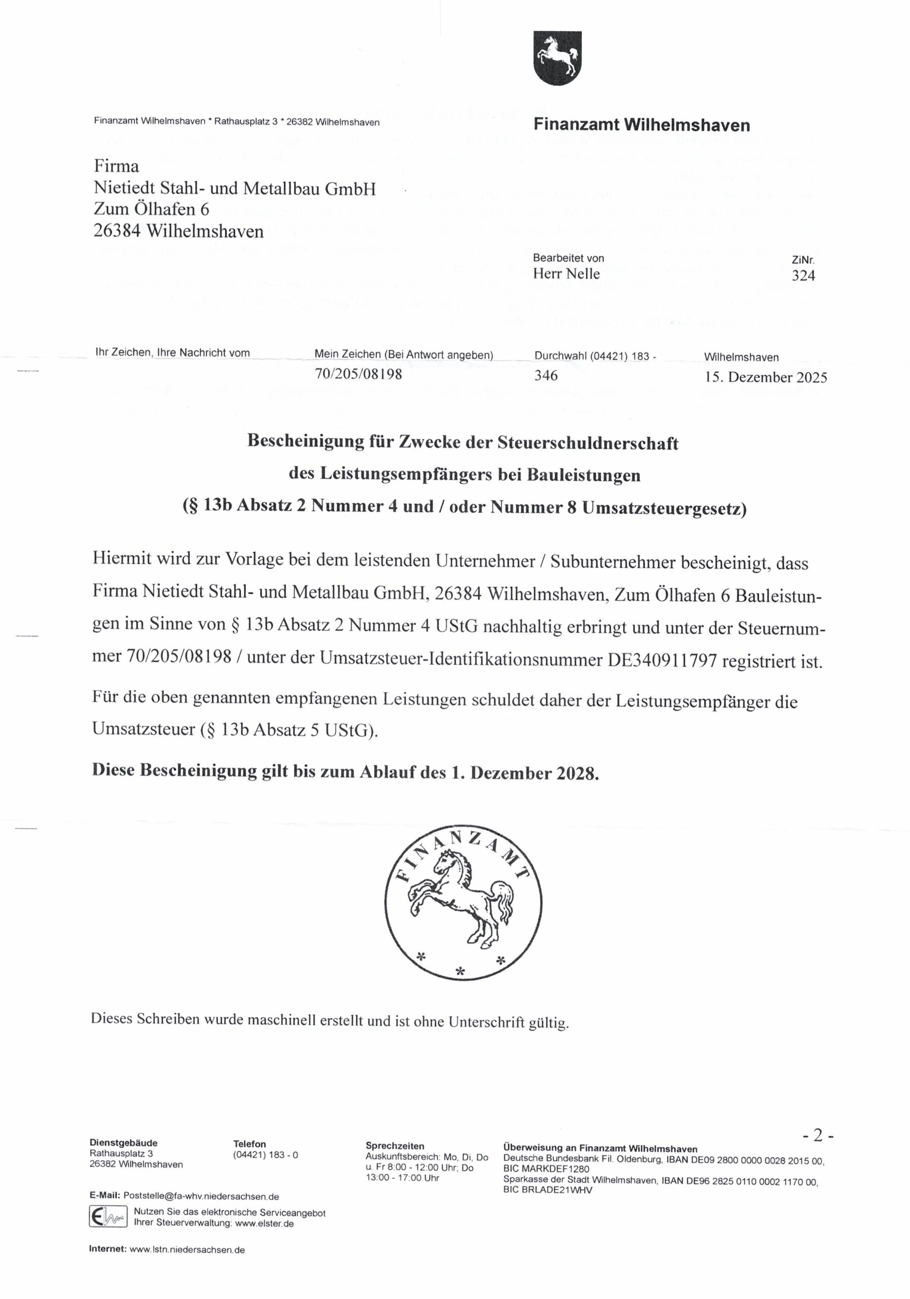 Nachweis der Steuerschuldnerschaft gültig bis 01.12.2028