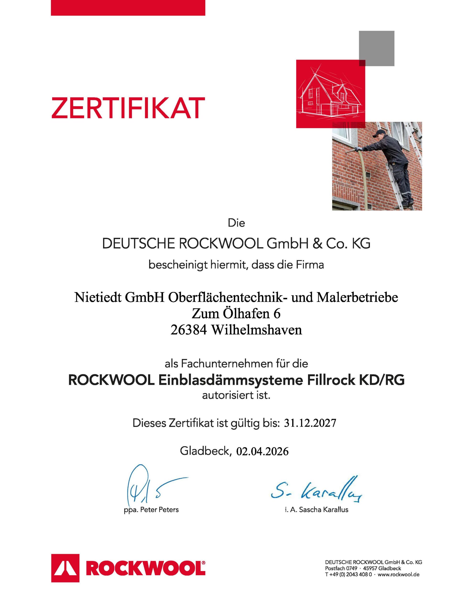 Nietiedt GmbH Wilhelmshaven_Zertifikat Fillrock Rockwool bis 13.12.2027