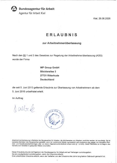 Erlaubnis zur Arbeitnehmerüberlassung für die WP Group